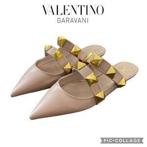 Valentino Beige Leather Rockstud-embellishment pointed-toe mules size 7.5 NEW!
